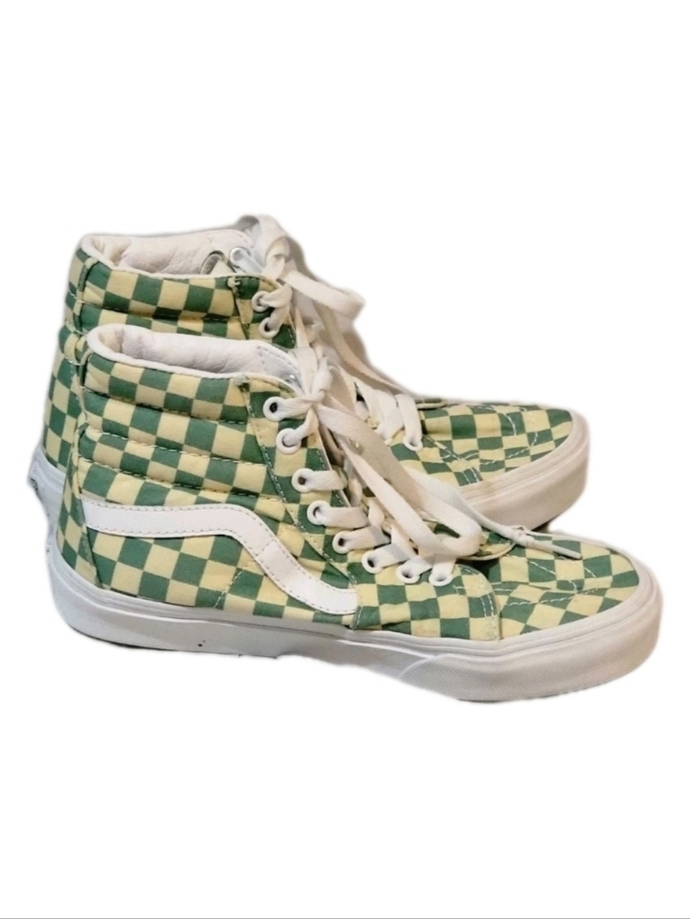 Vans Sneakers Sk8-Hi Checkerboard High Top Green Beige Canvas Shoes Men 5.5M/7W